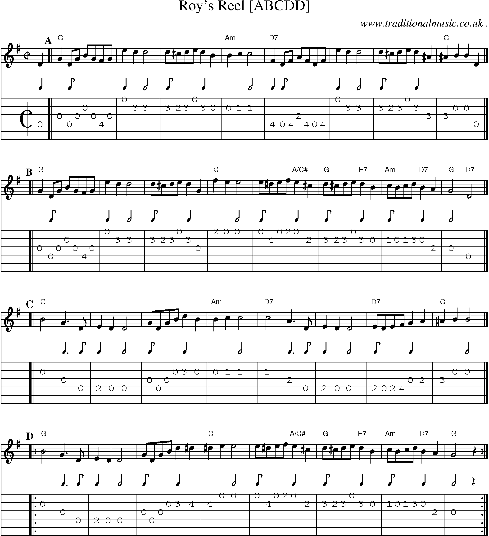Sheet-music  score, Chords and Guitar Tabs for Roys Reel [abcdd]